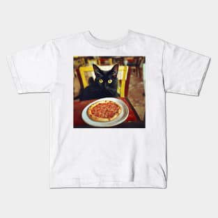 Black Cat Eating Pizza Kids T-Shirt